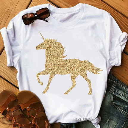 Schwarzes Einhorn T-Shirt für Damen mit 