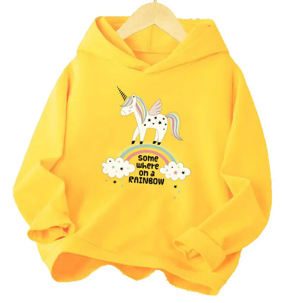 Mädchen Einhorn Hoodie in Gelb mit Cartoon-Einhorn-Print und langen Ärmeln