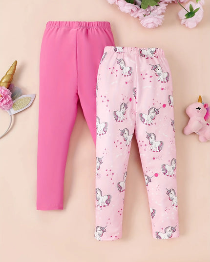 Zwei Mädchen-Leggings mit Einhorn-Digitaldruck und Karomuster in Rosa und Blau. Ideal für kleine Einhorn-Fans.
