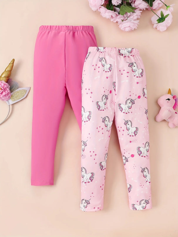 Zwei Mädchen-Leggings mit Einhorn-Digitaldruck und Karomuster in Rosa und Blau. Ideal für kleine Einhorn-Fans.