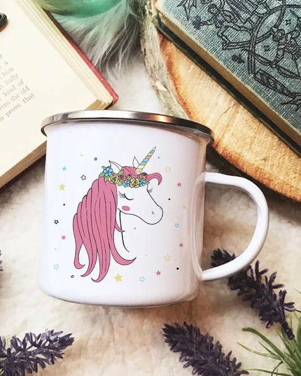 Pinke Einhorn Tasse aus Emaille mit Cartoon-Einhorn-Druck, ideal für Outdoor und Reisen