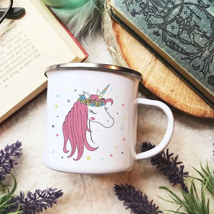 Pinke Einhorn Tasse aus Emaille mit Cartoon-Einhorn-Druck, ideal für Outdoor und Reisen
