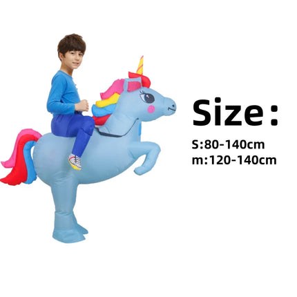 Aufblasbares Einhorn Kostuem Familien-Set für Erwachsene und Kinder mit leuchtendem LED-Horn aus Polyester.
