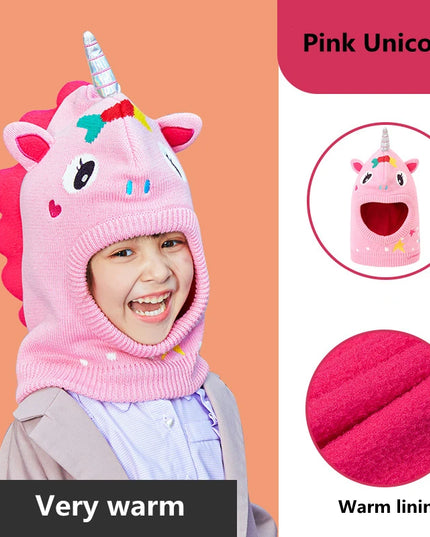 Einhorn Mütze mit Ohrenschutz für Kinder, mit 3D Dinosaurier- und Einhorn-Motiv, aus Wolle und gestrickt.