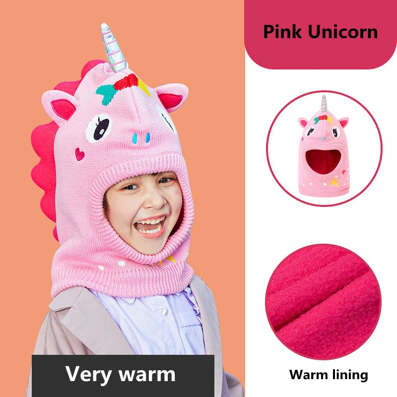 Einhorn Mütze mit Ohrenschutz für Kinder, mit 3D Dinosaurier- und Einhorn-Motiv, aus Wolle und gestrickt.