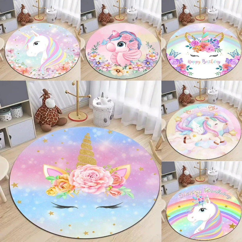 Runder rosa Einhorn Sessel Teppich aus Polyester, ideal für Kinderzimmer und Wohnzimmer als Spielmatte