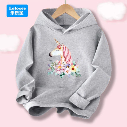 Mädchen Einhorn Hoodie in Grau mit detailreichem floralem Einhorn Cartoon-Motiv, ideal für Frühling und Herbst.