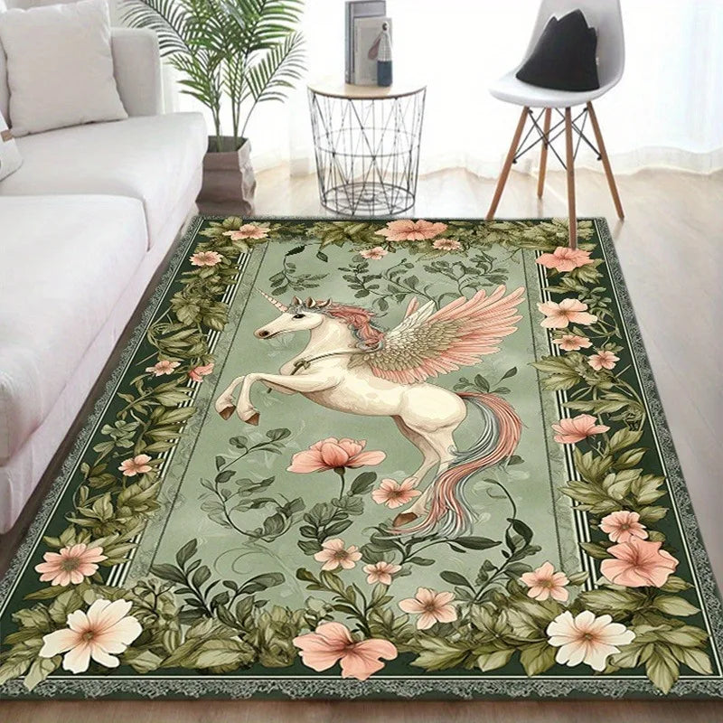 Einhorn Teppich mit magischem Pflanzen- und Blumenmuster in warmen Farbtönen, weich und rutschfest