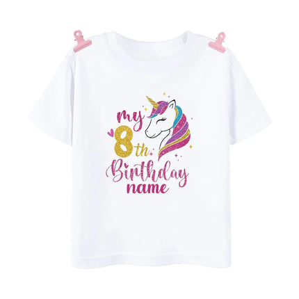 Personalisiertes Einhorn T-Shirt für Mädchen zum Geburtstag mit Einhorn und Namen, für Kinder von 8 bis 12 Jahren