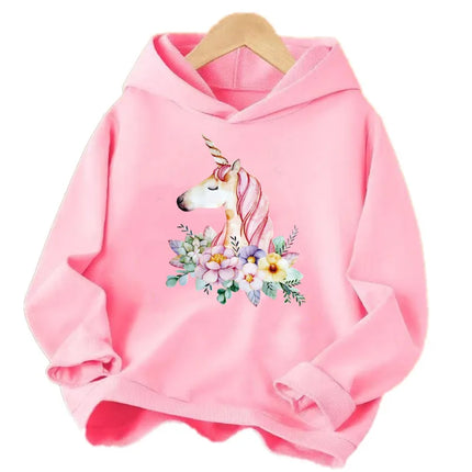 Rosa Einhorn Hoodie für Mädchen mit einem lieblichen Cartoon-Einhorn-Print auf der Vorderseite