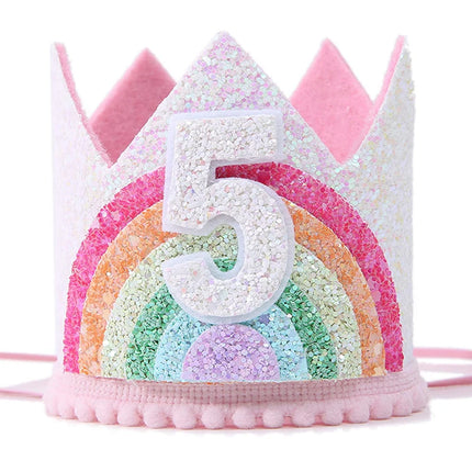 Regenbogen Einhorn Krone mit der Zahl 5 für Kindergeburtstag, aus Vliesstoff, bunt und glitzernd
