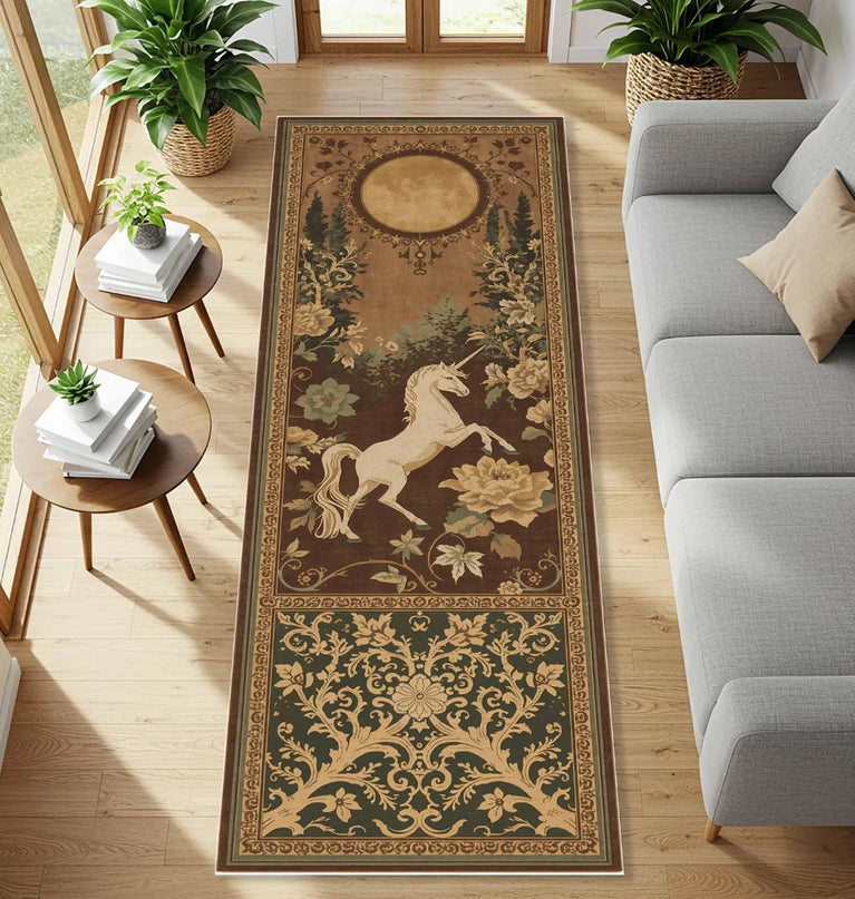 Dunkelgrüner Einhorn Teppich mit goldenen Akzenten im mystischen Zauberwald-Design
