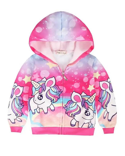 Mädchen trägt rosarote Einhorn Jacke mit Reißverschluss und Kapuze, bedruckt mit Cartoon-Einhörnern