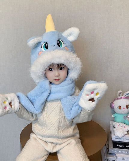 Deine warme Einhorn Plüschmütze Blau!