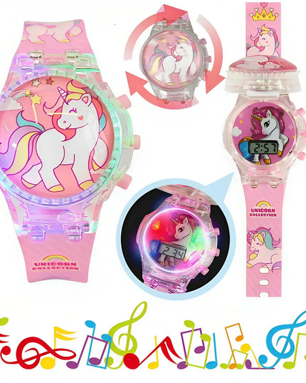 Digitale Einhorn Uhr mit Leuchtfunktion und Musik, mit blauem Gummiband und Cartoon-Einhorn.