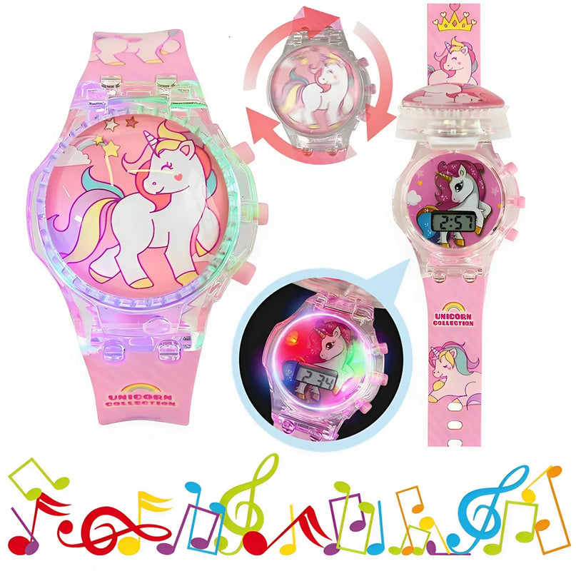 Digitale Einhorn Uhr mit Leuchtfunktion und Musik, mit blauem Gummiband und Cartoon-Einhorn.