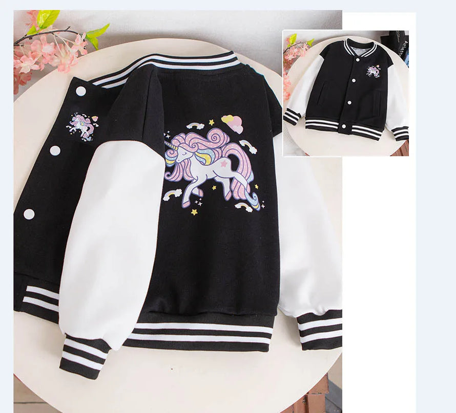 Schwarze Einhorn Baseball Jacke für Mädchen mit Cartoon-Einhorn-Motiv und V-Ausschnitt