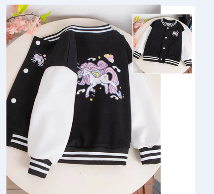 Schwarze Einhorn Baseball Jacke für Mädchen mit Cartoon-Einhorn-Motiv und V-Ausschnitt