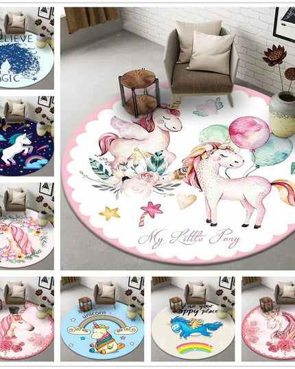 Runder Einhorn Sessel mit Cartoon-Einhorn- und Tier-Motiv, aus 100% Polyester, für Kinderzimmer