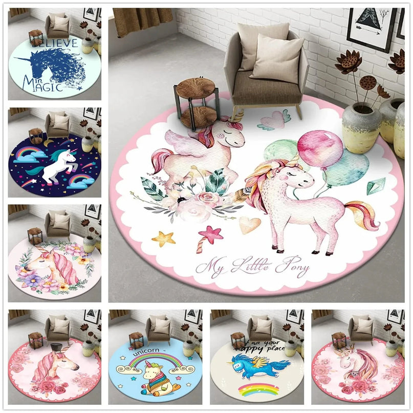 Runder Einhorn Sessel mit Cartoon-Einhorn- und Tier-Motiv, aus 100% Polyester, für Kinderzimmer