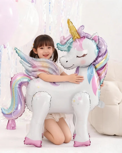 Stehender Regenbogen Einhorn Ballon aus Aluminiumfolie, ca. 65x32x60cm, ideal für Geburtstagsfeiern und Babypartys.