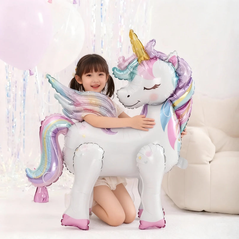 Stehender Regenbogen Einhorn Ballon aus Aluminiumfolie, ca. 65x32x60cm, ideal für Geburtstagsfeiern und Babypartys.
