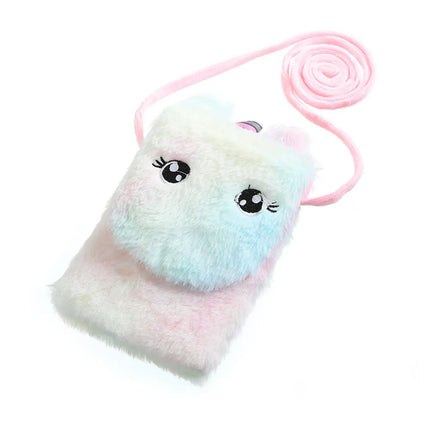 Runde pinke Einhorn Umhängetasche aus Plüsch mit Reißverschluss und runden Augen