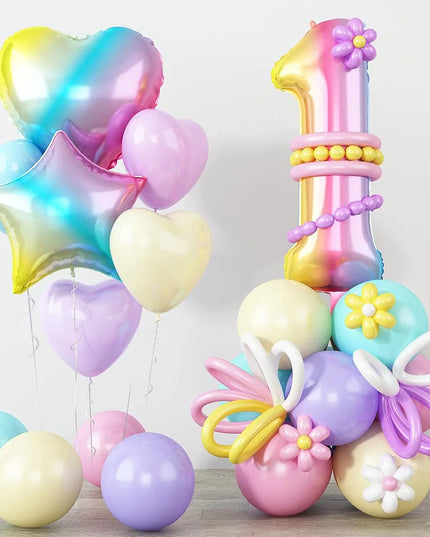 Einhorn Deko Ballon Set mit großem Regenbogen-Zahlenballon, Herz- und Sternballons aus Aluminiumfolie