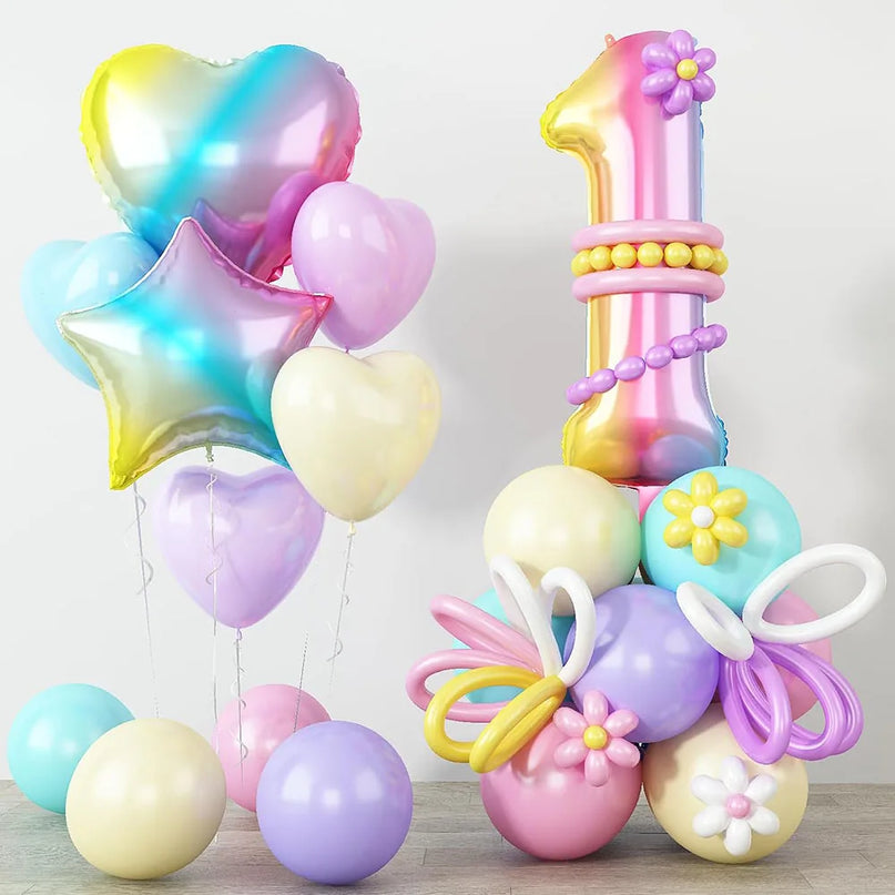 Einhorn Deko Ballon Set mit großem Regenbogen-Zahlenballon, Herz- und Sternballons aus Aluminiumfolie