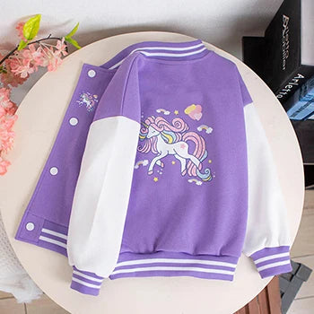 Lila Einhorn Baseball Jacke für Mädchen mit langen Ärmeln und Cartoon-Einhorn-Motiv, für den Herbst