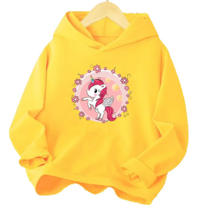 Gelber Einhorn Hoodie für Kinder mit einem niedlichen Cartoon-Einhorn-Druck auf der Vorderseite