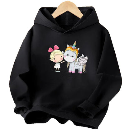 Schwarzer Einhorn Hoodie für Mädchen mit niedlichem Cartoon-Einhorn-Print und langen Ärmeln, ideal für Freizeit und Schule