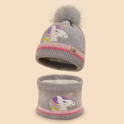 Graues Einhorn Mützen- und Halswärmer-Set mit Pom-Pom und Stickerei, fleecegefüttert für den Winter