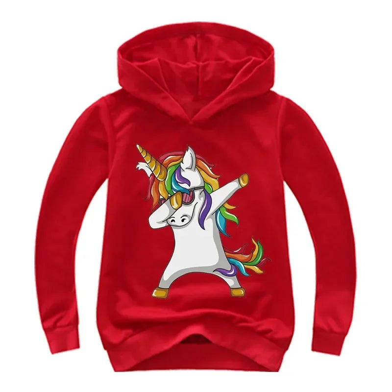 Kinder Einhorn Hoodie mit blauem Cartoon-Einhorn und Wolken auf der Brust, ideal für Jungen und Mädchen.
