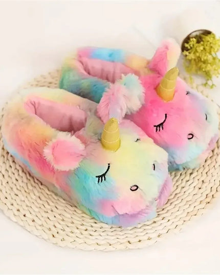 Kawaii Regenbogen Einhorn Plüsch Hausschuhe für Damen, die mit ihrem süßen Design sofort gute Laune verbreiten
