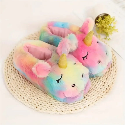 Kawaii Regenbogen Einhorn Plüsch Hausschuhe für Damen, die mit ihrem süßen Design sofort gute Laune verbreiten