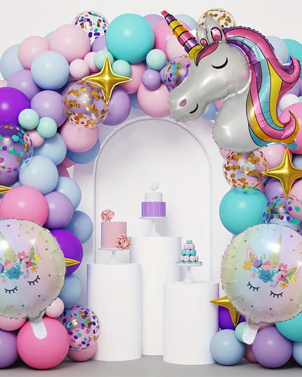 141-teiliges Einhorn Deko Ballon Set in Macaron-Farben mit Einhorn-Folienballons und goldenen Sternen