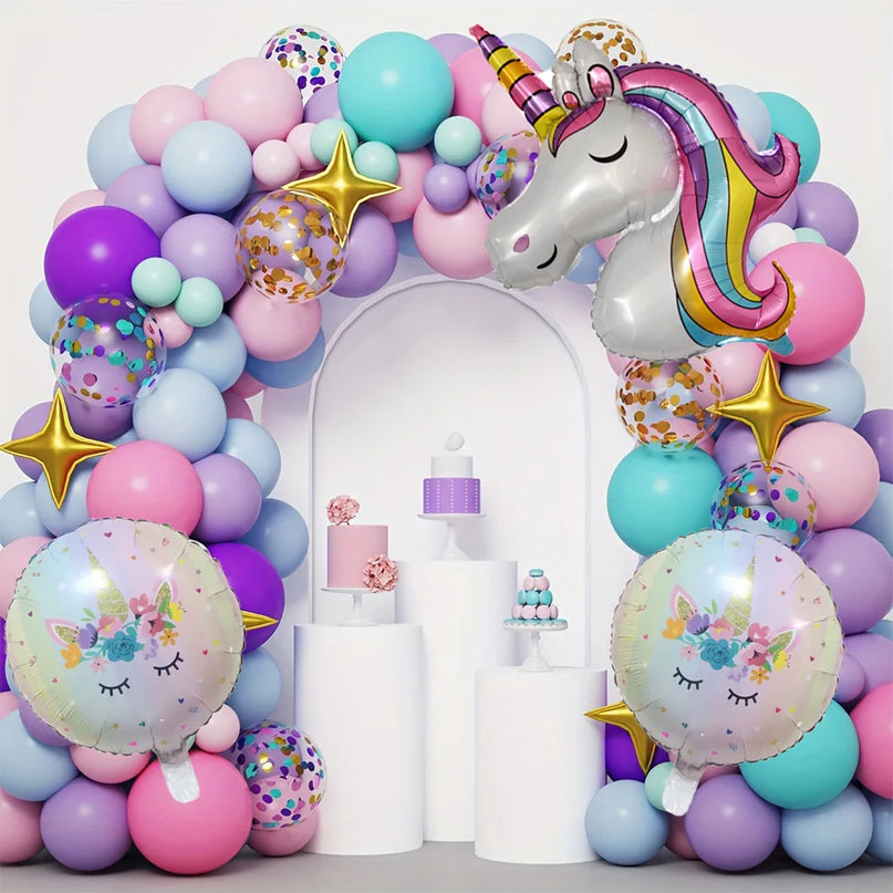 141-teiliges Einhorn Deko Ballon Set in Macaron-Farben mit Einhorn-Folienballons und goldenen Sternen