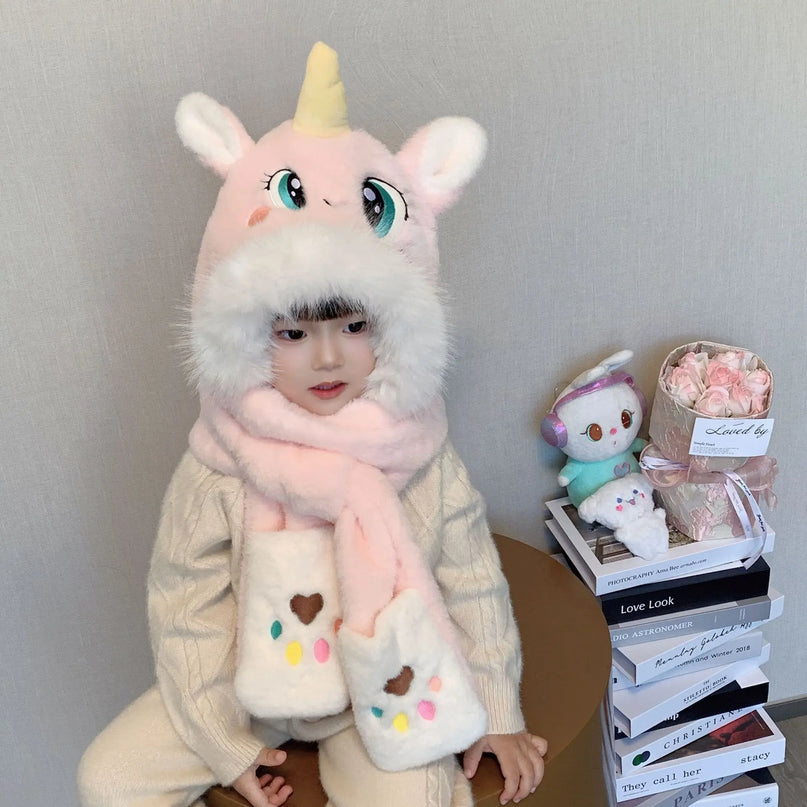 Einhorn Plüschtier Mütze in Pink für Kinder, mit Ohrenschutz und warmem Acrylmaterial, süßes Einhorn-Design