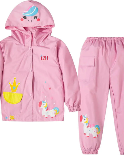 Pinker Einhorn Regenanzug für Mädchen mit Kapuze, bestehend aus wasserdichtem Mantel und Hose, für Kinder von 1-5 Jahren.
