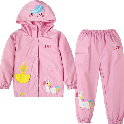 Pinker Einhorn Regenanzug für Mädchen mit Kapuze, bestehend aus wasserdichtem Mantel und Hose, für Kinder von 1-5 Jahren.