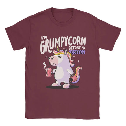 Herren und Damen Grumpycorn Einhorn T-Shirt in Burgunder mit Kaffee-Motiv, aus Baumwolle gefertigt