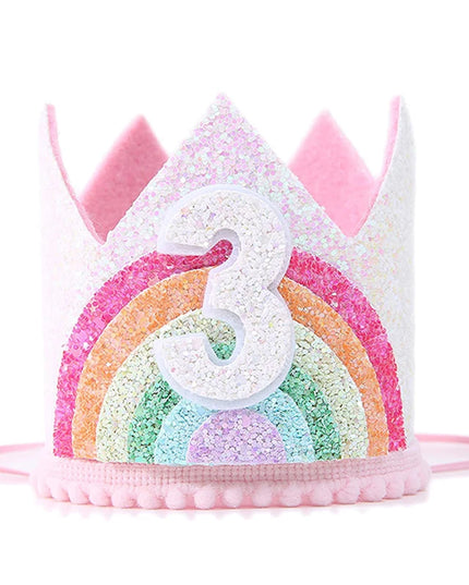 Regenbogen Einhorn Partykrone mit der Zahl 3 für den 3. Geburtstag, aus weichem Vliesstoff.