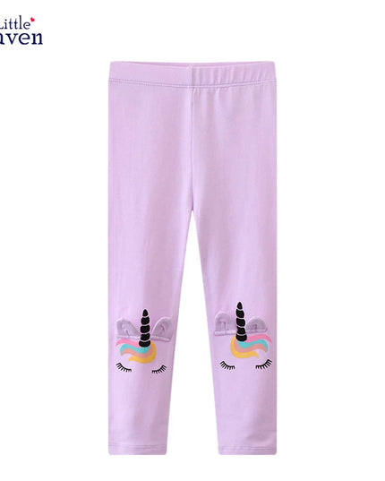 Lila Einhorn Leggings für Mädchen aus Baumwolle mit detailliertem Blumenmuster und Einhorn-Motiv