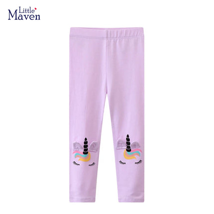 Lila Einhorn Leggings für Mädchen aus Baumwolle mit detailliertem Blumenmuster und Einhorn-Motiv