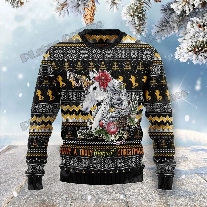 Einhorn Pullover für Herren in großen Größen mit festlichem 3D-Weihnachts-Print, dick gestrickt aus Polyester und Spandex.
