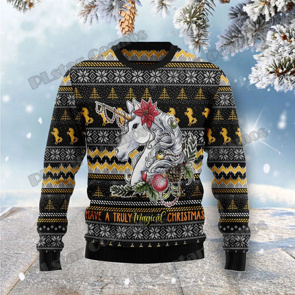 Einhorn Pullover für Herren in großen Größen mit festlichem 3D-Weihnachts-Print, dick gestrickt aus Polyester und Spandex.