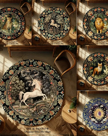 Runder Einhorn Sessel Teppich mit französischem Wald- und Cheetah-Motiv, ideal für Wohnzimmer und Schlafzimmer
