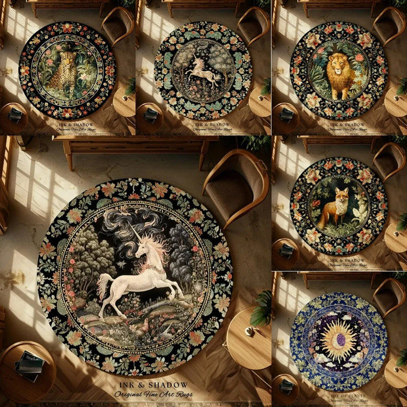 Runder Einhorn Sessel Teppich mit französischem Wald- und Cheetah-Motiv, ideal für Wohnzimmer und Schlafzimmer