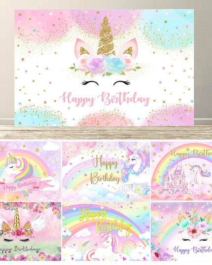 Einhorn Poster mit Regenbogen, pastellfarbenem Schloss und Einhörnern für Geburtstagsdekoration